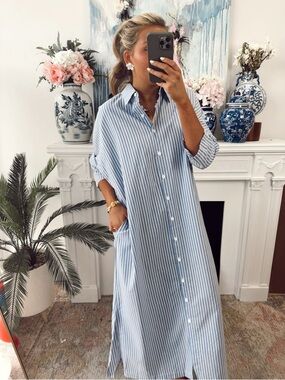 NWT Adrienne Regan Maxi Denim Stripe Shirt Dress Large